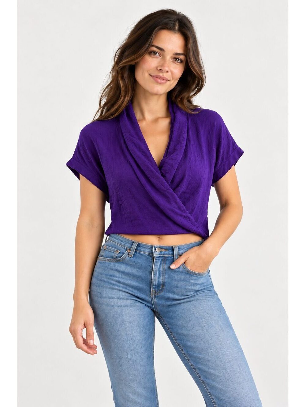 Zara Purple Draped Cowl Neck Short Sleeve Top XS